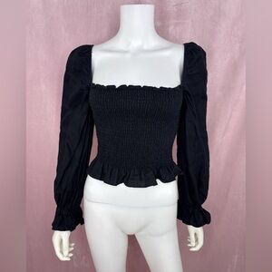 Reformation Womens Black 100% Linen Smocked Long Sleeve Square-Neck Top Size XS